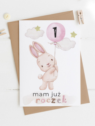 Kartka na roczek z KRÓLICZKIEM I BALONEM "Mam już roczek"
